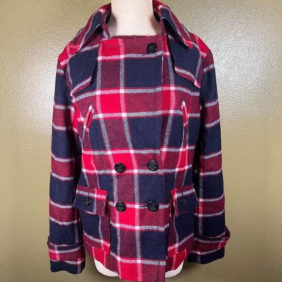 American Eagle Plaid Jacket Red Blue White Button Front Wool Coat Womens Size L - Picture 3 of 14